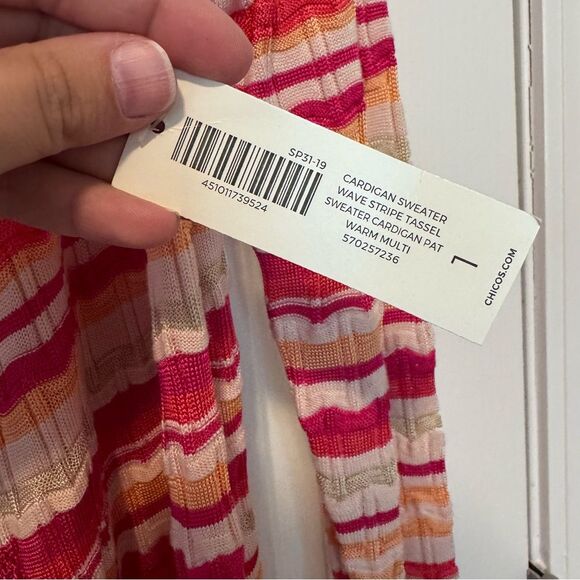 Chico’s Women’s Pink Multi Wave Stripe Tassel Sweater Cardigan NWT Size Medium - Picture 9 of 10